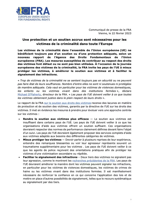 Une protection et un soutien accrus sont nécessaires pour les victimes de la criminalité dans toute l’Europe